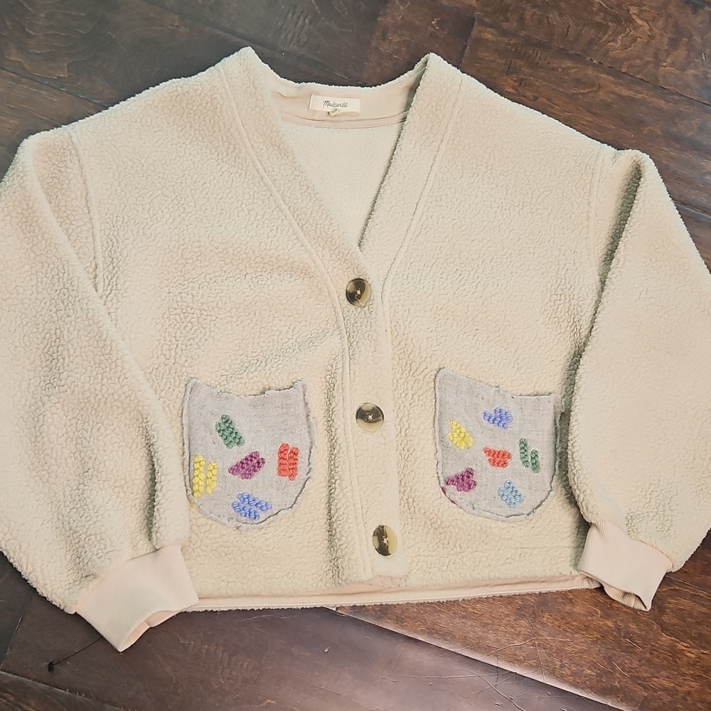 Madewell Embroidered Patch Pockets Sherpa Cardigan